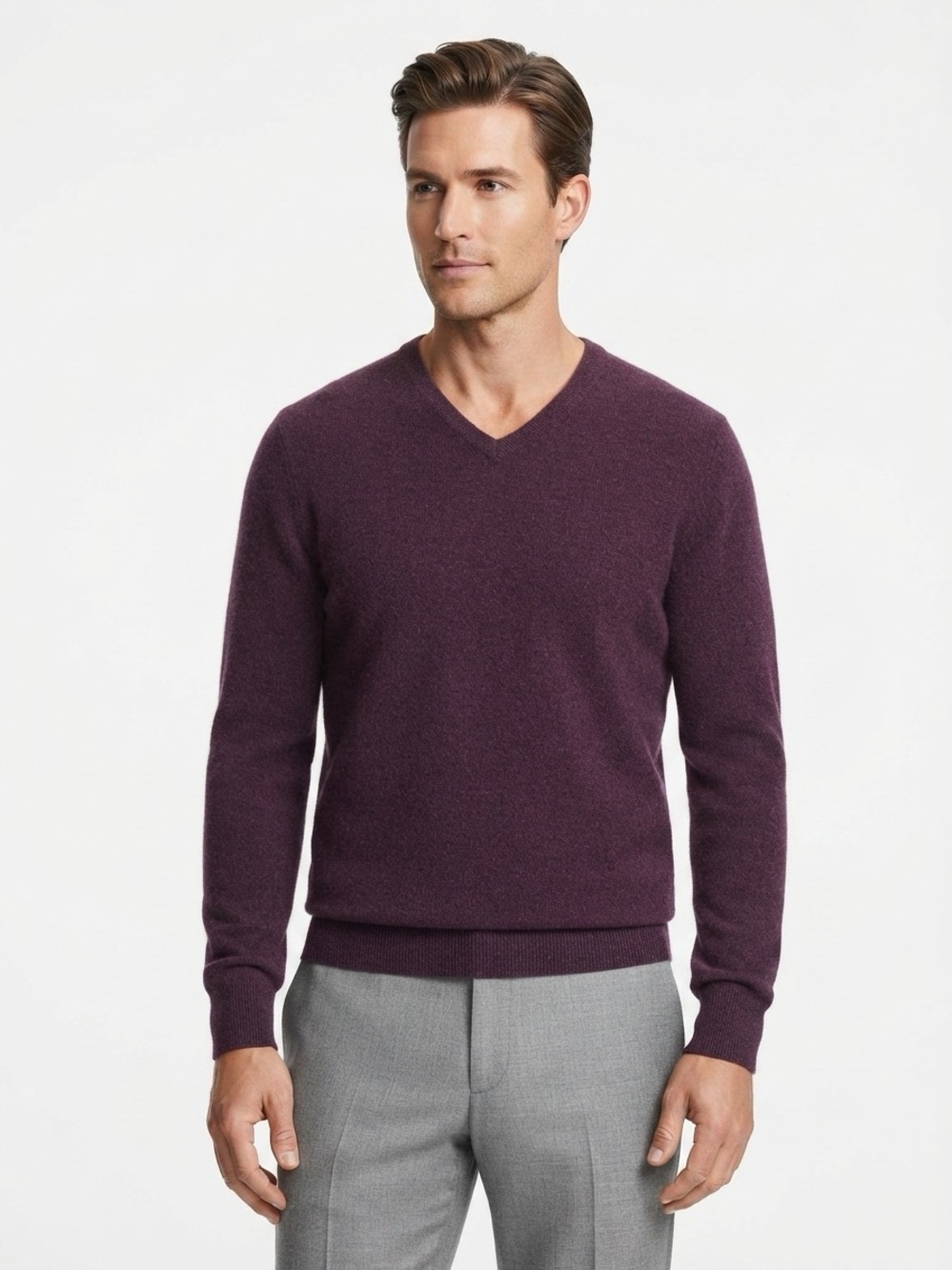 Joseph Abboud V-Neck Sweater Ribbed Trim 100% Cashmere Plum Maroon XL